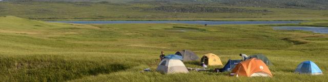 Installation de campeurs pour le festival de musique Dunefest, Ile de Miquelon, reportage photographique sur l'archipel de Saint Pierre et Miquelon, collectivité française d'Outre Mer d'Amérique du Nord, le 26 juillet 2014